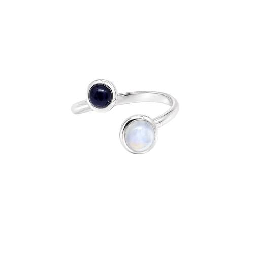 Silver Ring with one round Moonstone and one round Sapphire size 53