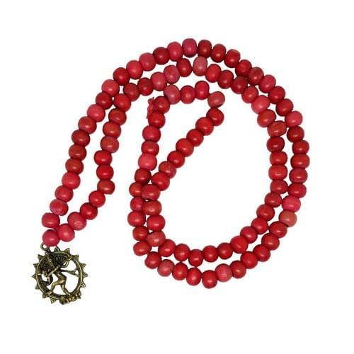 Mala with 108 Wood Beads in Red with a Brass Dancing Shiva