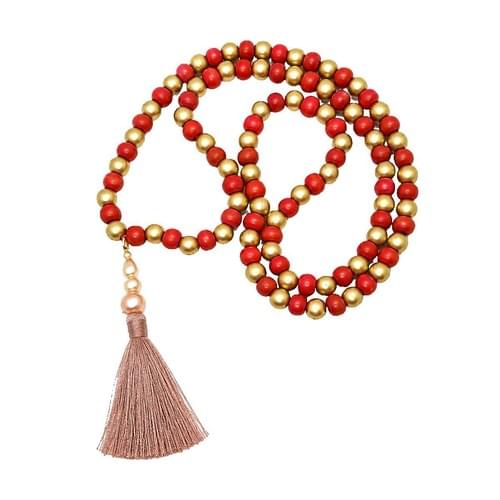 Mala with 108 Wood Beads Pink and Golden with Tassel