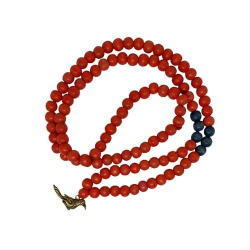 Mala with 108 Wood Beads in Red and Blue with a Brass Phoenix Bird