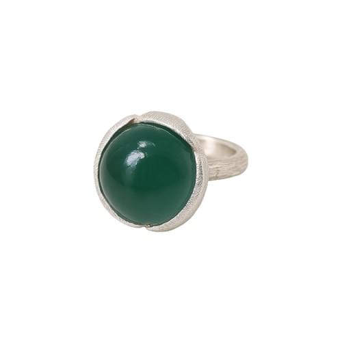Silver Ring set with one round Cabochon Green Aquamarine size 54