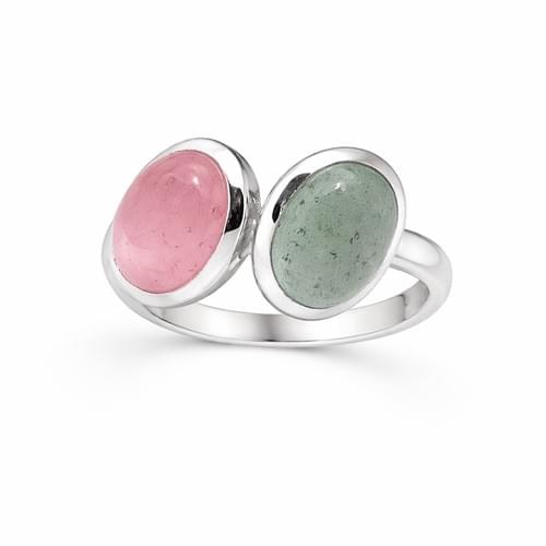 Ring in Silver with one oval Aqua and one oval Rose Quartz Cabochon size 54