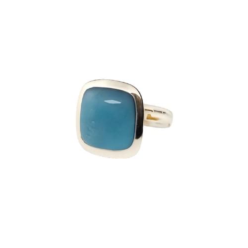 Ring in Silver set with one square Blue Aquamarine Cabochon 56