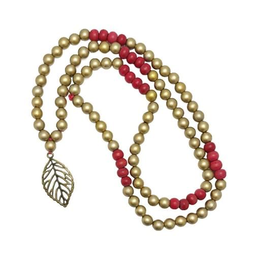 Mala with 108 Wood Beads in Red and Plastic Bead in Gold with a Leaf