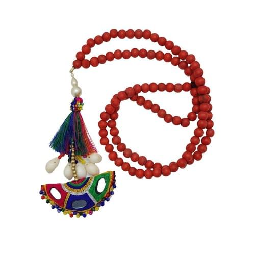 Mala with 108 Wood Beads in Red with a Colourful Pendant