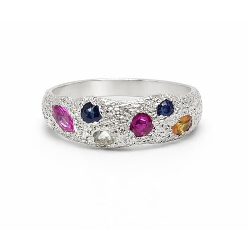 Silver Ring Rough with six facetted Sapphire size 58
