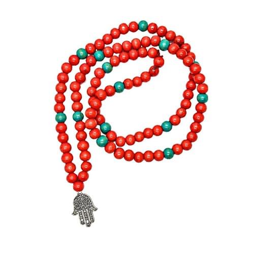 Mala with 108 Wood Beads in Red and Turquoise Green with Fatimas Hand