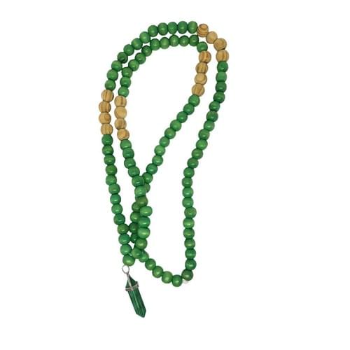 Mala with 108 Wood Beads in Green and Natural Color with a Pendant Malachite Pendulum