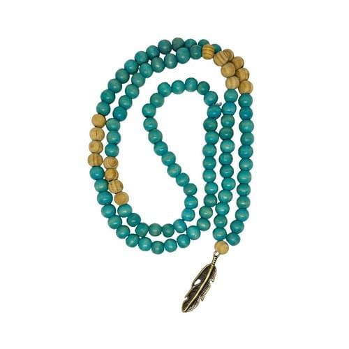 Mala with 108 Wood Beads in Turquoise and Natural Color with an Arrow
