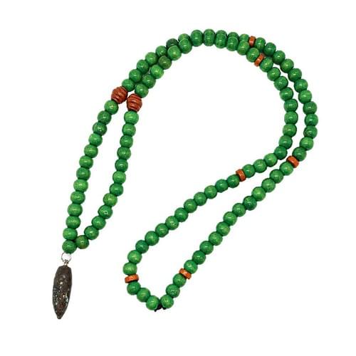 Mala with 108 Wooden Beads Red and Green with Stone Pendulum
