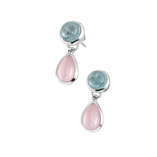 Hanging Earring in Silver Collection C 2Cabochon Rose Quartz and Round Aquamarine