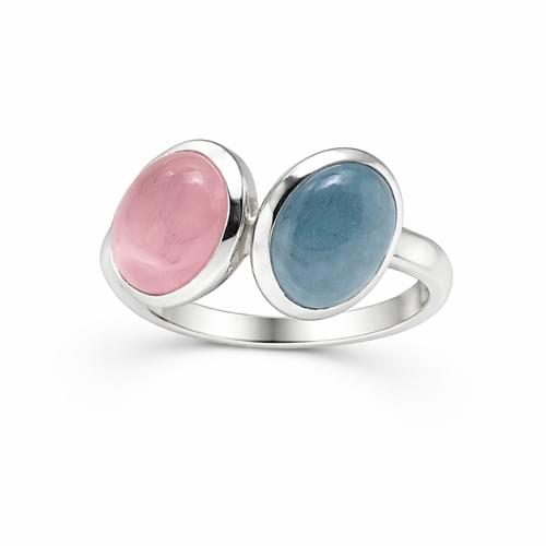 Ring in Silver with one oval Aqua and one oval Rose Quartz Cabochon size 53