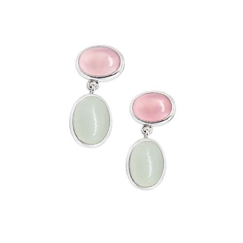 Hanging Earring in Silver Collection C 2 Cabochon Oval Rose Quartz and Oval Aquamarine