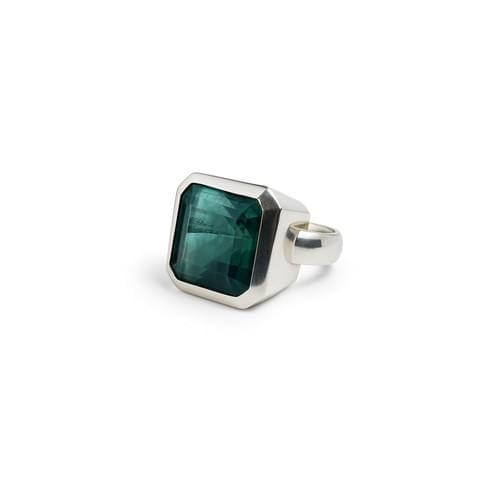 Ring in Silver with an emerald cut dark Green Fluorite size 57
