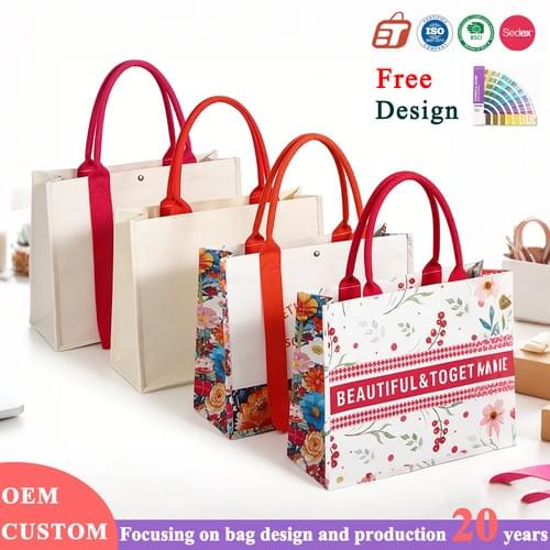 Women Handbag Designer Canvas Tote Bag Customized Ribbon Printed Logo Shopping Bag