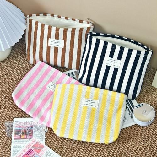 Custom Label Stripe Yarn Dyed Canvas Zipper Pouch Cosmetic Bags Travel Makeup Organizer Bag For Girl