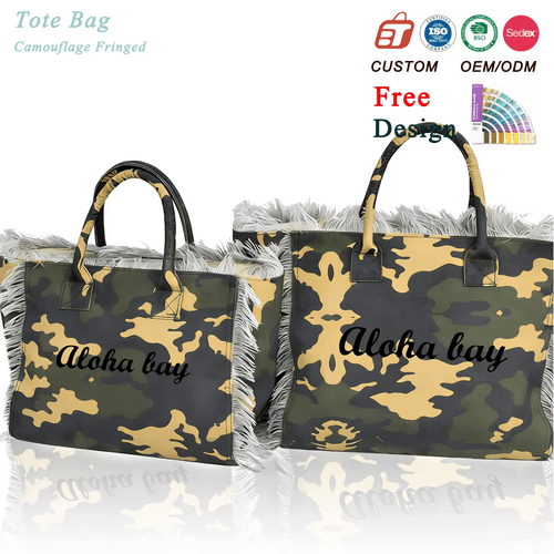 Custom High Quality Camouflage Canvas Tote Bag with ALOHA BAY Letter Luxury Tassels Design Women Handbags Fashion Show Totes