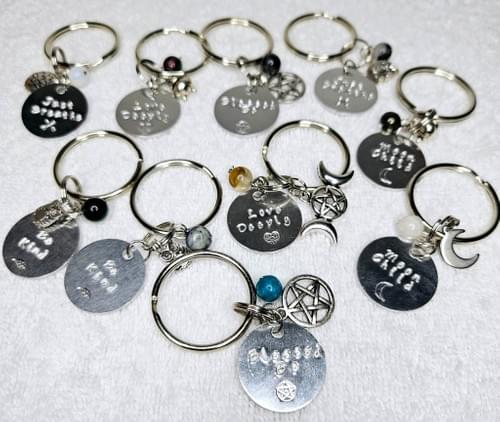 Keychains - Metal Stamped - Round with Gemstone and Charm