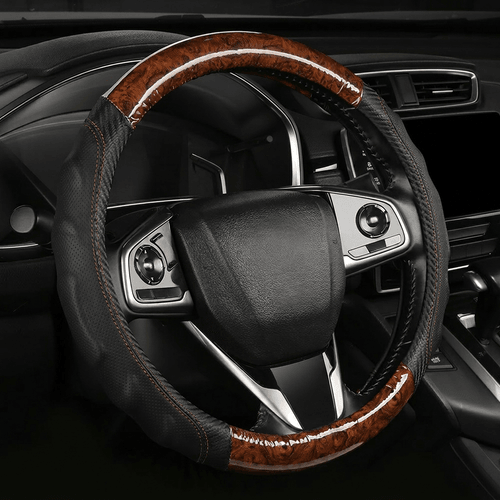 Universal Wood Grain & Carbon Fiber Leather Steering Wheel Cover — 7 Colors