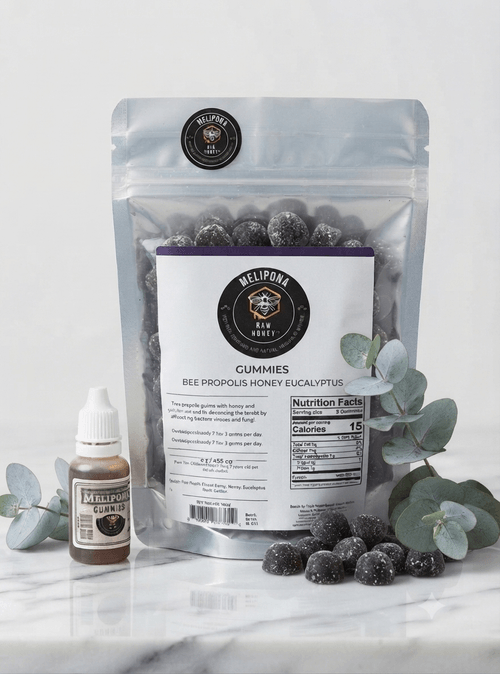 MELIPONA Stingless Bee Propolis Extract GUMMIES, Honey and Eucalyptus 16 oz + One Free Dropper