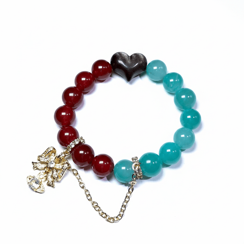 馴鹿願望帶|紅瑪瑙、天河石、銀曜石愛心、金色蝴蝶結鍊條|勇敢表達|跨年行動|守護邊界|設計款水晶手串|睿智水晶