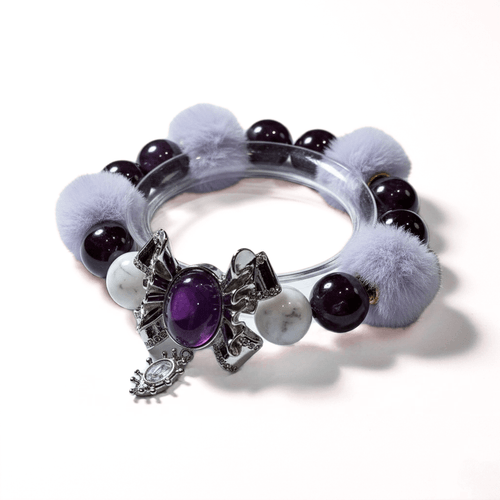 花雪紫語|紫水晶蝴蝶結魔盒、暴風雪白水晶、紫水晶、淺紫毛球|靈感啟動|清晰守護|儀式高頻|設計款水晶手串|睿智水晶