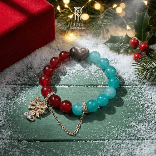 馴鹿願望帶|紅瑪瑙、天河石、銀曜石愛心、金色蝴蝶結鍊條|勇敢表達|跨年行動|守護邊界|設計款水晶手串|睿智水晶