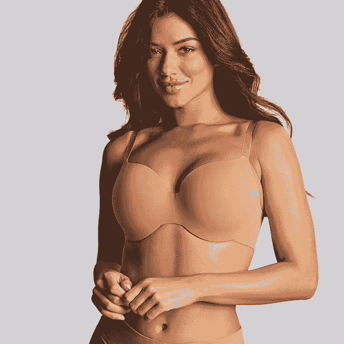 Laughing lady with light nude bra