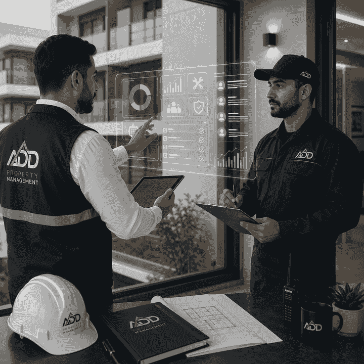 مشهد واقعي احترافي يعرض إدارة ذكية للعقار، حيث ينسّق موظف من شركة ADD Property Management مع فني داخل عقار سكني باستخدام واجهة رقمية تفاعلية توحي بالذكاء الاصطناعي لمتابعة الأعمال والخدمات. مشهد واقعي احترافي يعرض إدارة ذكية للعقار، حيث ينسّق موظف من شركة ADD Property Management مع فني داخل عقار سكني باستخدام واجهة رقمية تفاعلية توحي بالذكاء الاصطناعي لمتابعة الأعمال والخدمات.