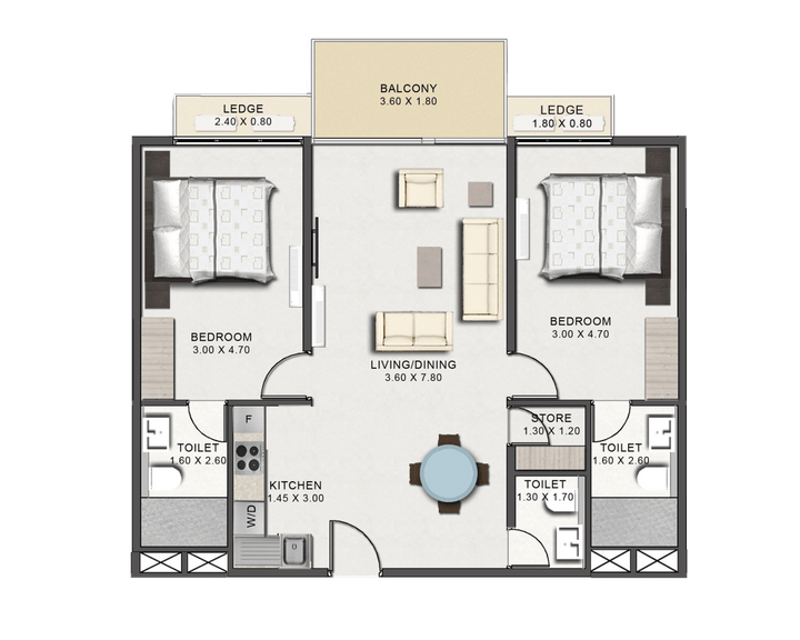 This picture is of the floor plan of the Two Bedroom at Tribute House.