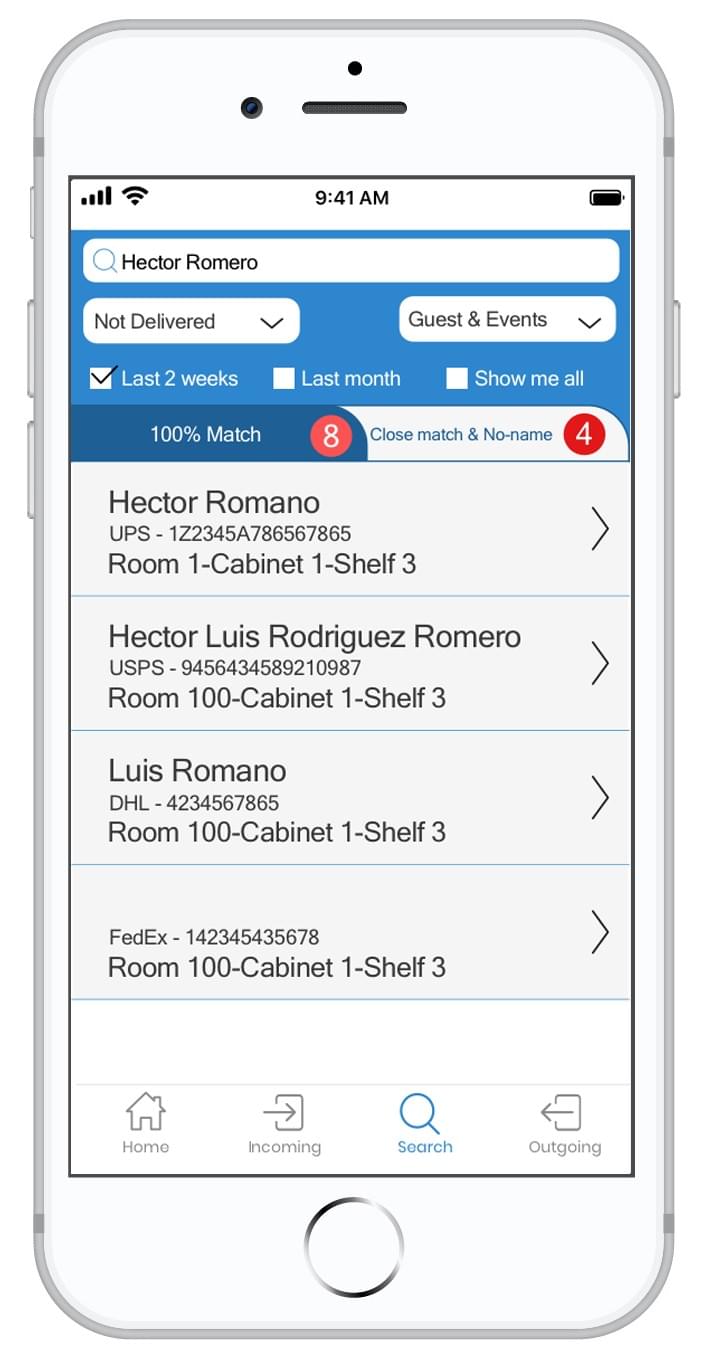 packporter typo-proof smart search screen for recipient names and fedex, ups, usps, amazon  tracking numbers