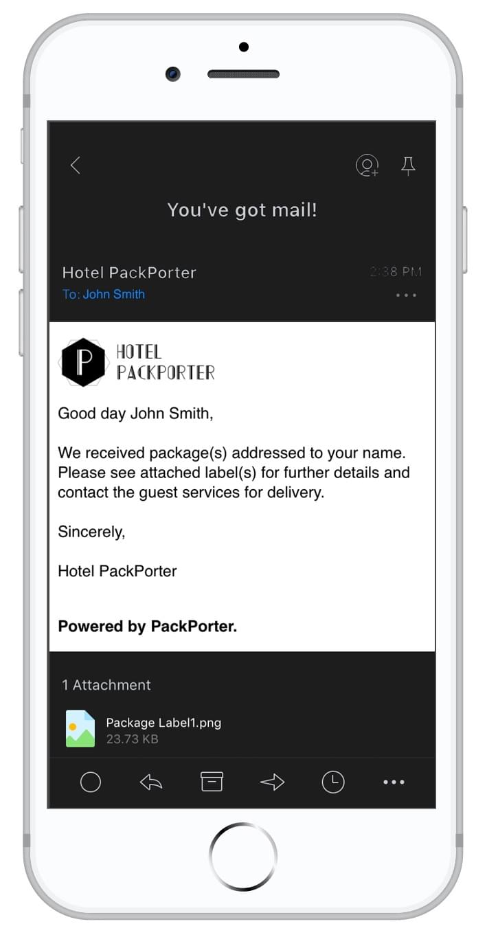 packporter notification e-mail for hotel guests who received a package