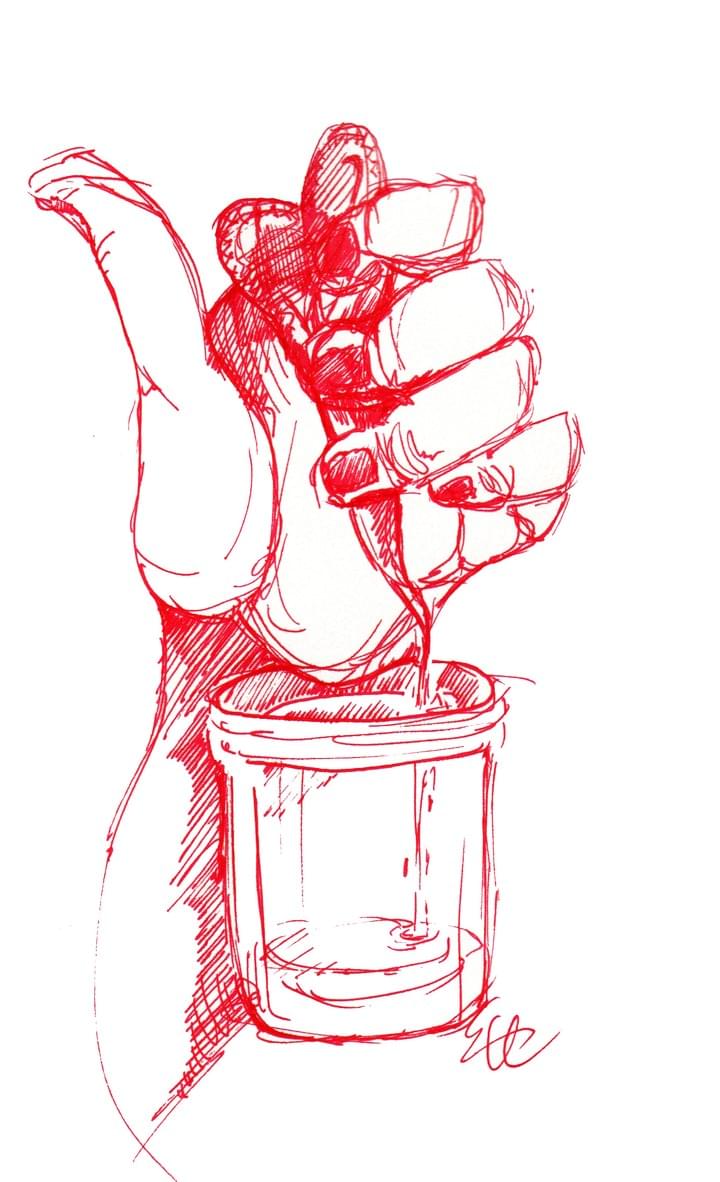 Red ink sketch of a hand squeezing a heart into a jar by Emmanuella Hristova