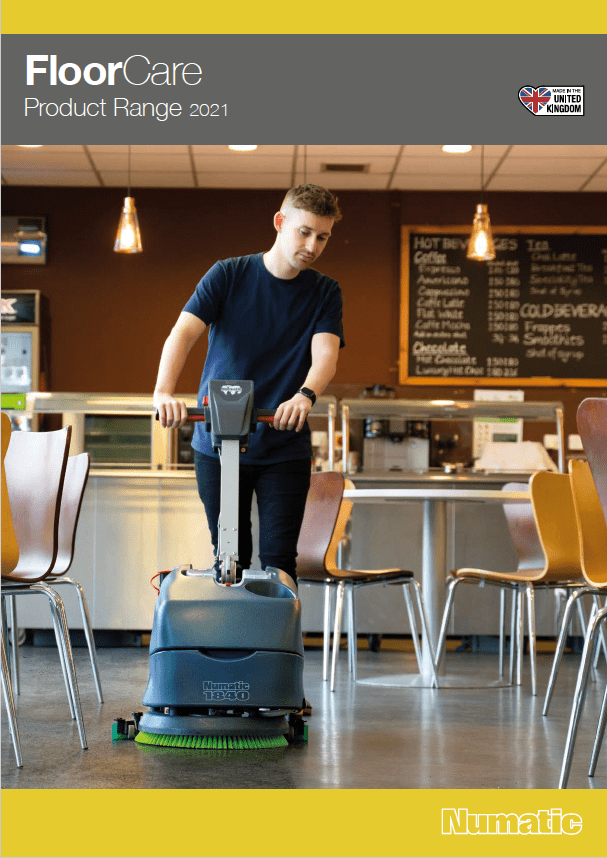 Front cover of this year’s Numatic Floor Care Product Range Catalogue showing a young man using a floor scrubber in a coffee shop.