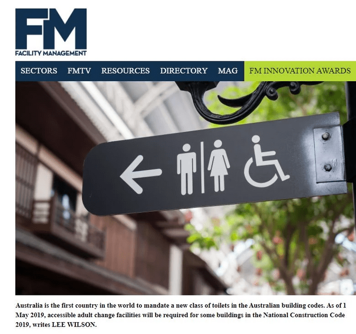 A screen  capture of the online version of the Facility Management magazine article Lee Wilson wrote on Changing Places and Accessible Adult Change Facilities in May 2019.