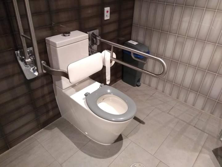 A photo of the toilet arrangement in the Perth DFO Changing Places, one of the dropdown grabrails is raised.