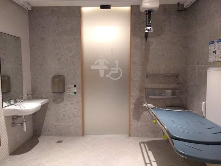A view from inside the Chadstone Shopping Centre Changing Places, showing the washbasin, glass sliding door, adult change table and ceiling hoist. The logo is on the glass door.