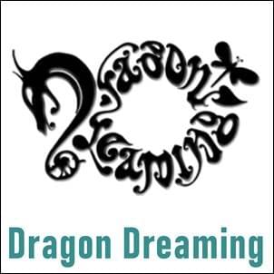 black and white Dragon Dreaming logo with dragon head and dragon fly, John Croft black and white Dragon Dreaming logo with dragon head and dragon fly, John Croft