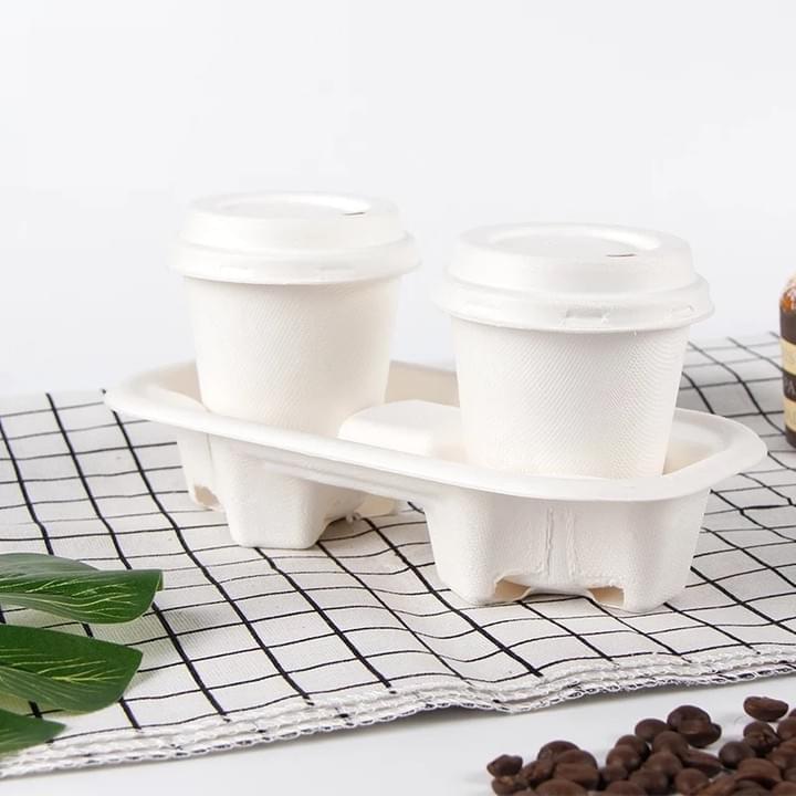 Eco-Friendly Biodegradable Compostable Sugarcane Bagasse Pulp Food Grade Disposable Takeout 2 Hot Cup Carrier