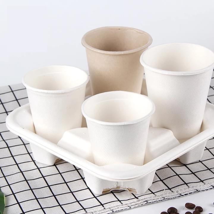 White Eco-Friendly Biodegradable Compostable Sugarcane Bagasse Pulp Food Grade Disposable Takeout 4-Cup Drink Carrier Holder 