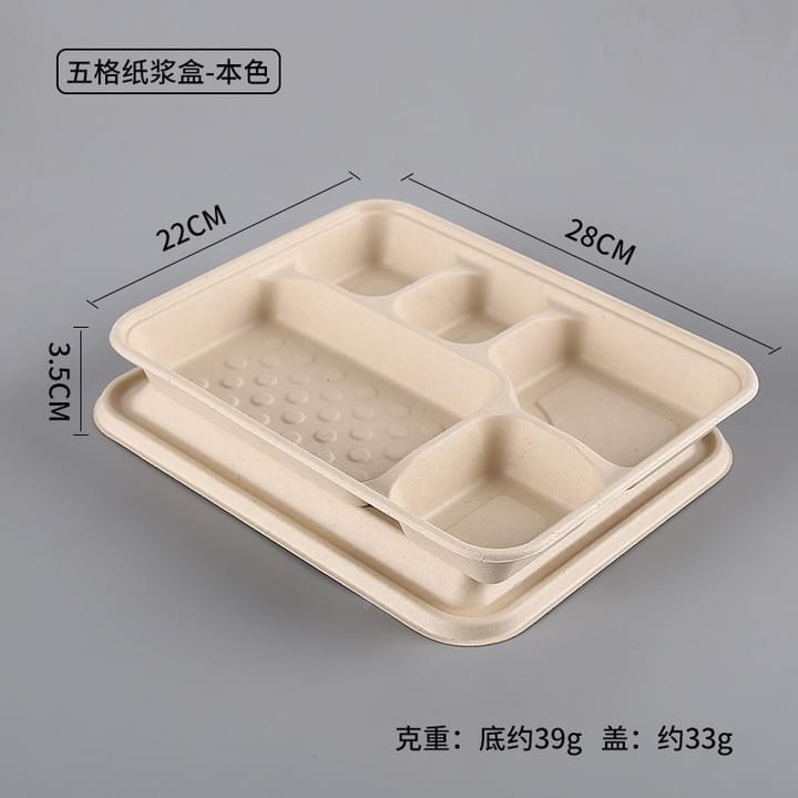 unbleached Biodegradable Compostable Natural Plant Fiber Pulp Disposable takeaway Take-Out 5-compartment container with lids
