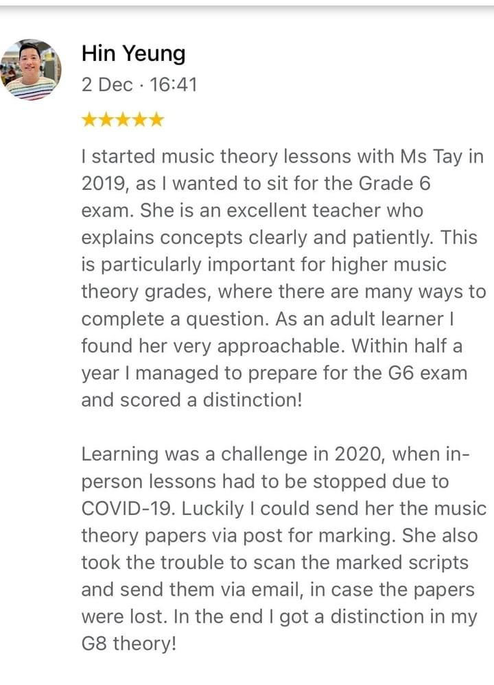 Hin Yeung testimonial about piano teacher Min Min Tay