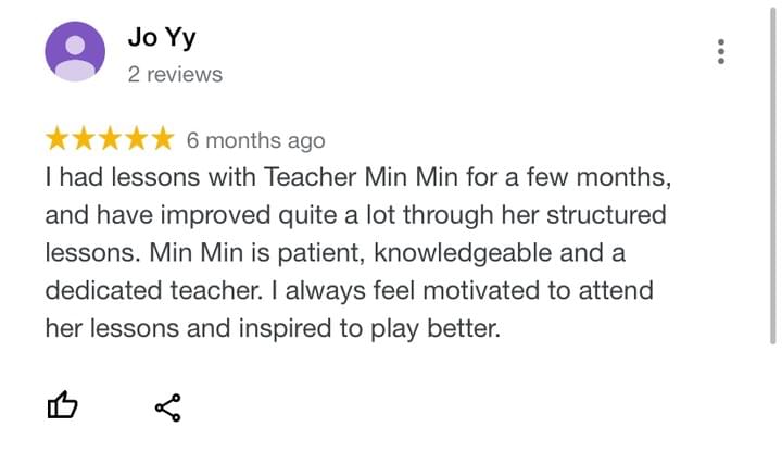 Jo testimonial about piano teacher Min Min Tay