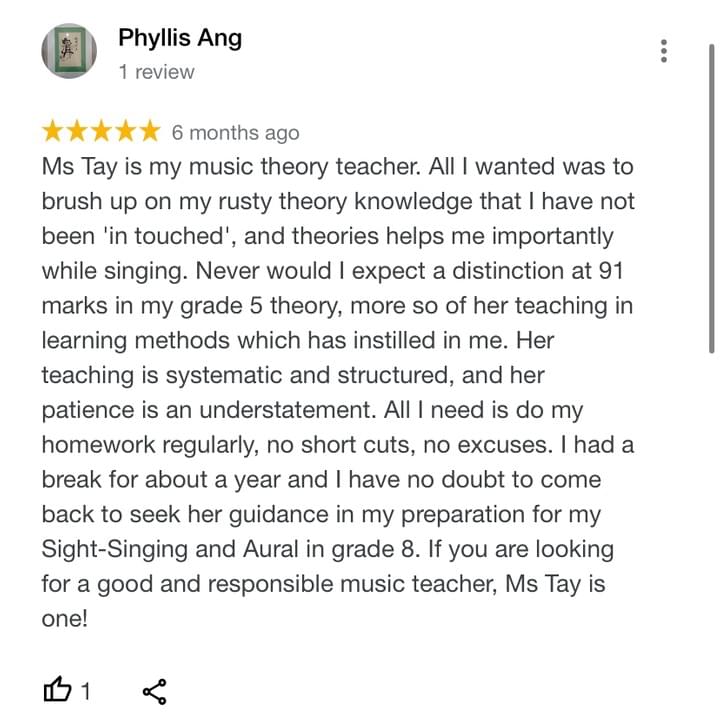 Phyllis testimonial about piano teacher Min Min Tay