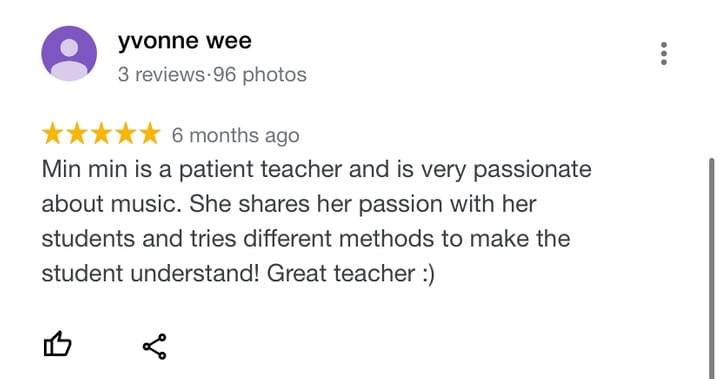 Yvonne testimonial about piano teacher Min Min Tay