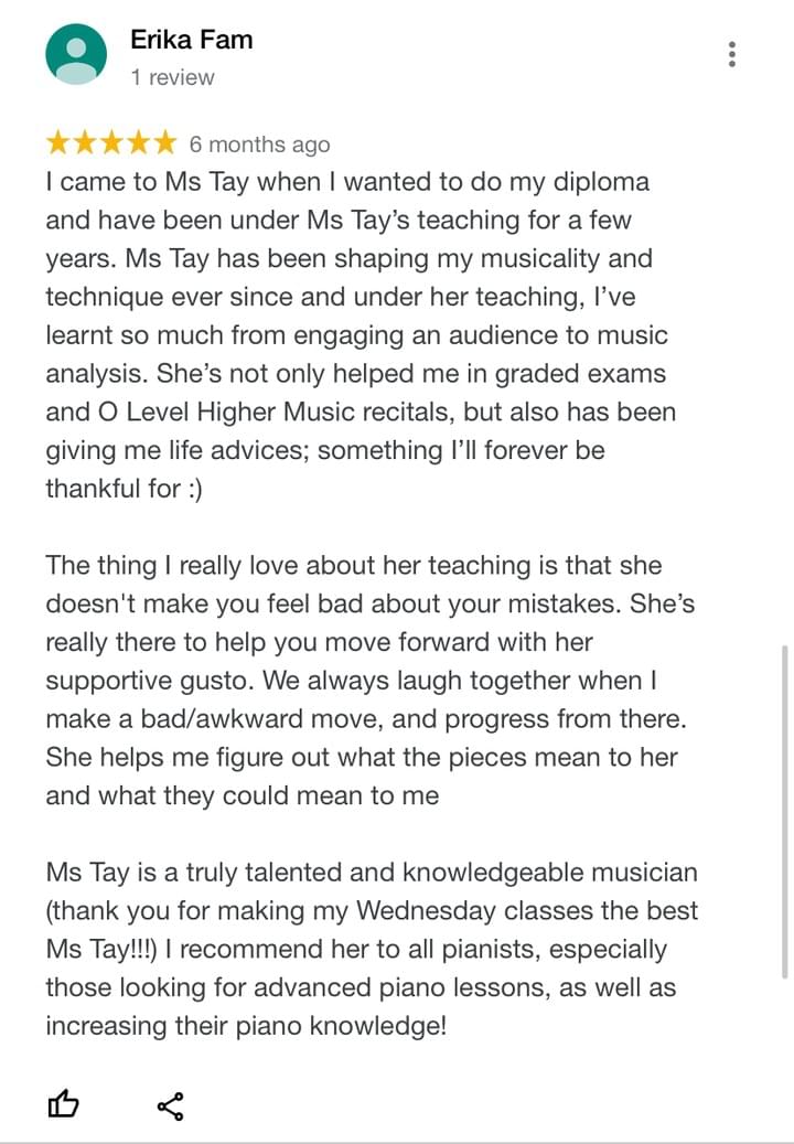 Erika testimonial about piano teacher Min Min Tay