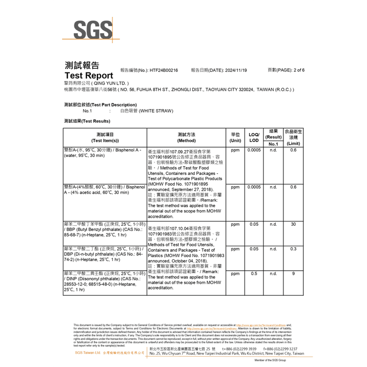 Virnova竹纖維紙吸管SGS檢驗報告，檢測項目：BPA (雙酚A) 和 PAEs (塑化劑)，顯示通過標準未檢出，無有害物質
