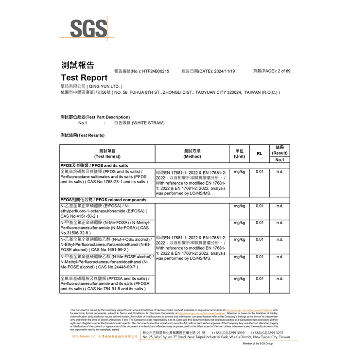 Virnova竹纖維紙吸管SGS檢驗報告，檢測項目：PFAS (全氟/多氟烷機物質)，顯示通過標準未檢出，無有害物質