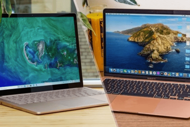 two rival computers, a PC and a Mac