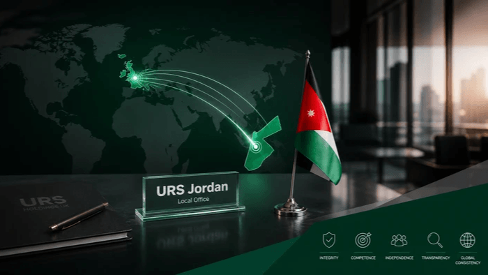 واجهة مؤسسية حديثة تعكس حضور URS Jordan كمكتب محلي تابع لـ URS Holdings UK، مع أجواء مهنية منظمة توحي بالاتساق المؤسسي والامتداد البريطاني والانضباط في تقديم خدمات الطرف الثالث داخل الأردن.